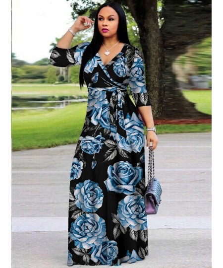 Elegant Fashion Floral Print Fit and Flare Dress Woman Deep V Neck Three Quarter Sleeve Vestidos Vintage Bohemian Maxi Dresse...