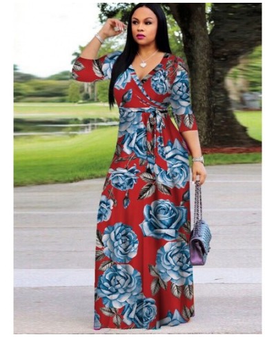 Elegant Fashion Floral Print Fit and Flare Dress Woman Deep V Neck Three Quarter Sleeve Vestidos Vintage Bohemian Maxi Dresse...