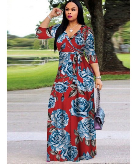 Elegant Fashion Floral Print Fit and Flare Dress Woman Deep V Neck Three Quarter Sleeve Vestidos Vintage Bohemian Maxi Dresse...