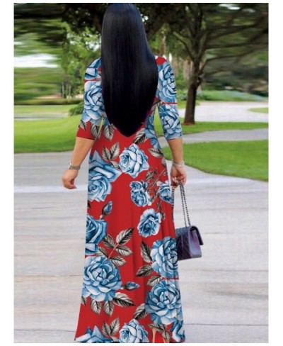 Elegant Fashion Floral Print Fit and Flare Dress Woman Deep V Neck Three Quarter Sleeve Vestidos Vintage Bohemian Maxi Dresse...