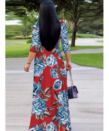 Elegant Fashion Floral Print Fit and Flare Dress Woman Deep V Neck Three Quarter Sleeve Vestidos Vintage Bohemian Maxi Dresse...