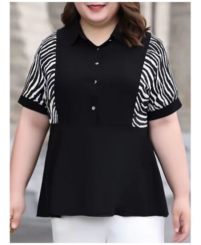 Summer Autumn Patchwork Striped Plus Size Fashion Shirt Women Short Sleeve Casual Loose Oversized Pullover Chic Female Clothe...