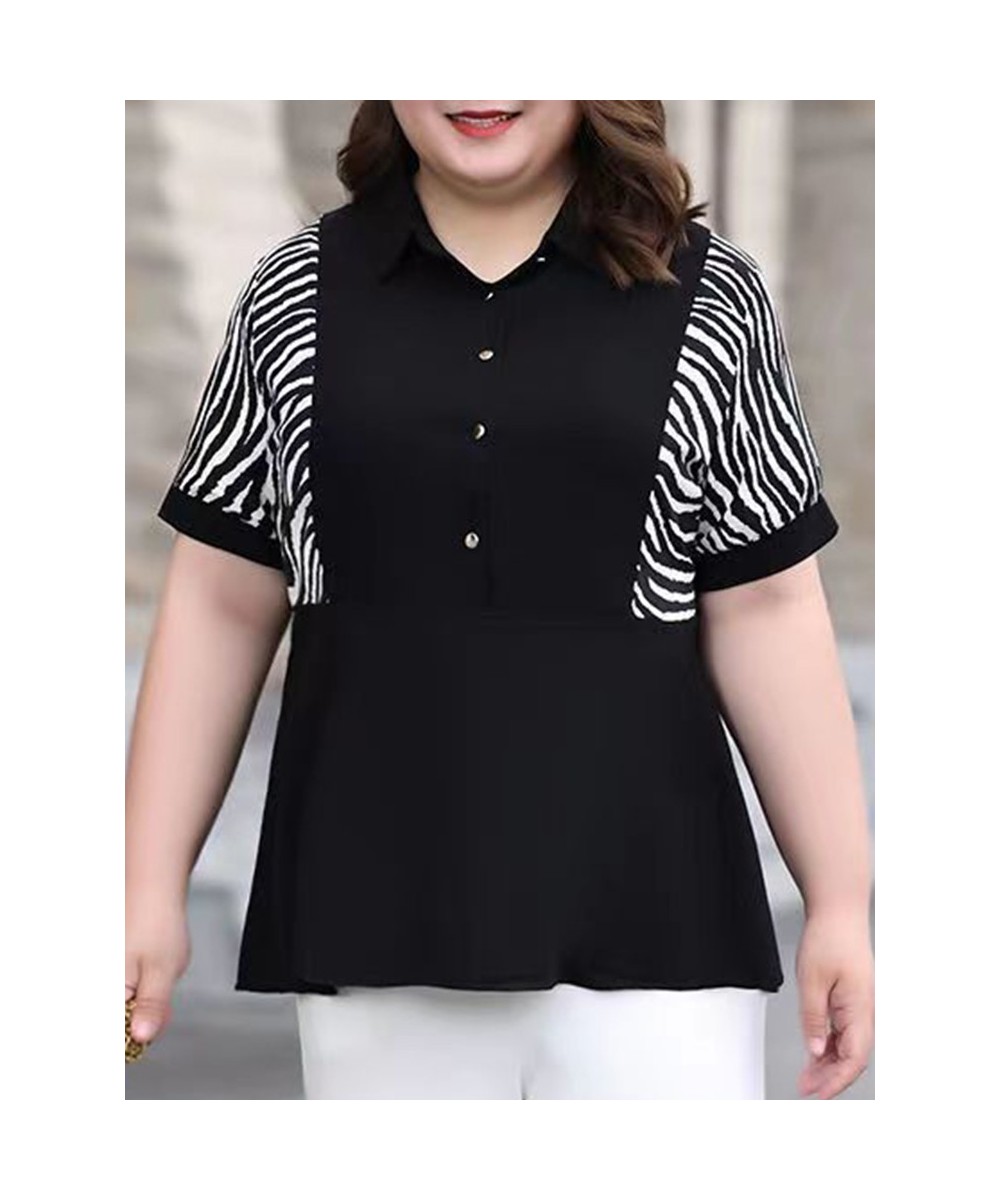 Summer Autumn Patchwork Striped Plus Size Fashion Shirt Women Short Sleeve Casual Loose Oversized Pullover Chic Female Clothe...