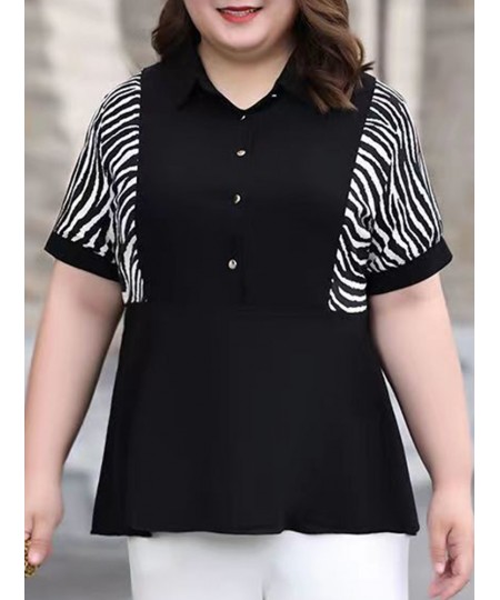 Summer Autumn Patchwork Striped Plus Size Fashion Shirt Women Short Sleeve Casual Loose Oversized Pullover Chic Female Clothe...