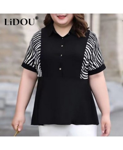 Summer Autumn Patchwork Striped Plus Size Fashion Shirt Women Short Sleeve Casual Loose Oversized Pullover Chic Female Clothe...