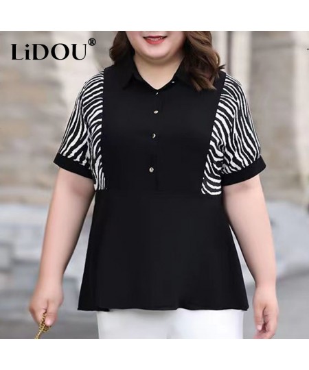 Summer Autumn Patchwork Striped Plus Size Fashion Shirt Women Short Sleeve Casual Loose Oversized Pullover Chic Female Clothe...