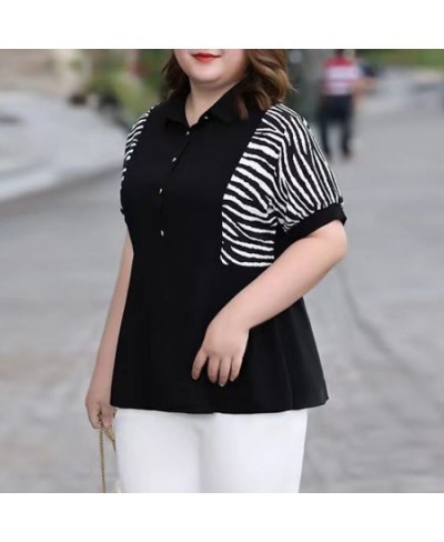 Summer Autumn Patchwork Striped Plus Size Fashion Shirt Women Short Sleeve Casual Loose Oversized Pullover Chic Female Clothe...