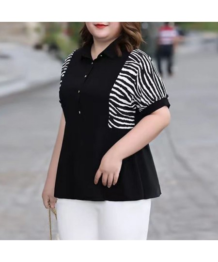 Summer Autumn Patchwork Striped Plus Size Fashion Shirt Women Short Sleeve Casual Loose Oversized Pullover Chic Female Clothe...