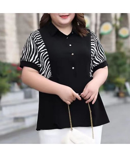 Summer Autumn Patchwork Striped Plus Size Fashion Shirt Women Short Sleeve Casual Loose Oversized Pullover Chic Female Clothe...