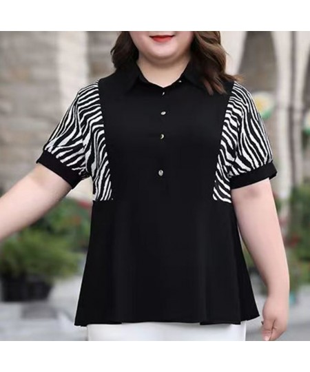 Summer Autumn Patchwork Striped Plus Size Fashion Shirt Women Short Sleeve Casual Loose Oversized Pullover Chic Female Clothe...