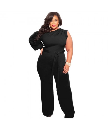 FS 2022 Long Single Sleeve Women's Plus Size Clothing 4XL Slant One Shoulder Sports Wide Leg Jumpsuit For Women Belt Low Soli...