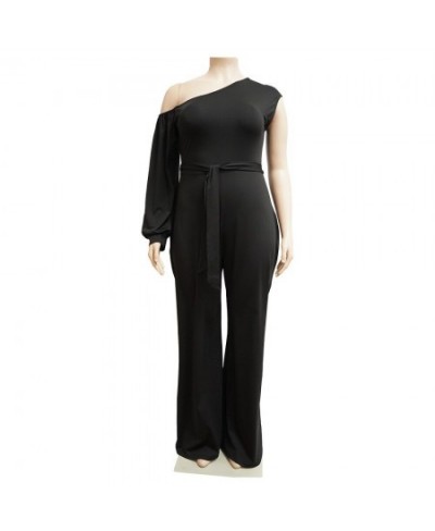 FS 2022 Long Single Sleeve Women's Plus Size Clothing 4XL Slant One Shoulder Sports Wide Leg Jumpsuit For Women Belt Low Soli...