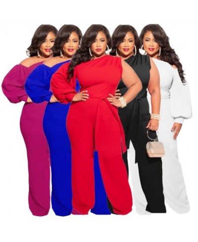 FS 2022 Long Single Sleeve Women's Plus Size Clothing 4XL Slant One Shoulder Sports Wide Leg Jumpsuit For Women Belt Low Soli...