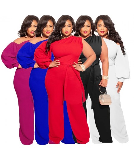 FS 2022 Long Single Sleeve Women's Plus Size Clothing 4XL Slant One Shoulder Sports Wide Leg Jumpsuit For Women Belt Low Soli...