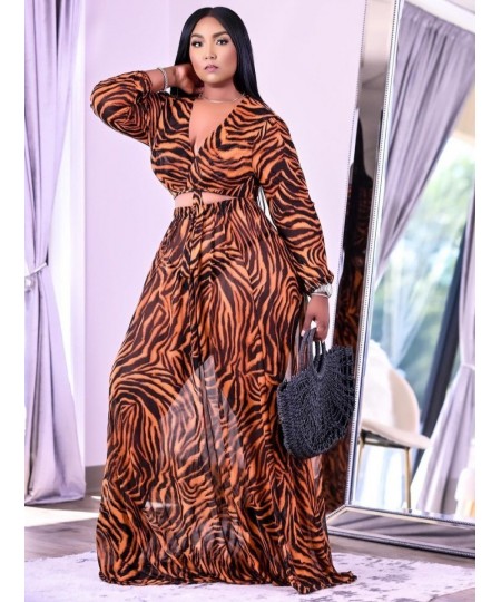 Plus Size Two pices dress set Tiger Striped Bandage Design Skirt Set Long Sleeve V Neck Fashion women skirt set $42.28 - Plus...