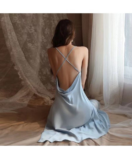 Pajamas For Girls Sexy Nightgown Cross Backless Satin Dress Swing Collar High Split Summer Silk Sleepwear Women's Home Clothe...