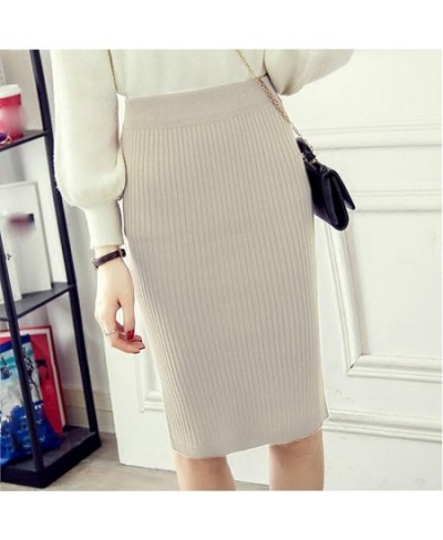 Vintage Women Skirt Elastic High Waist Pleated Midi knitted One-step Pencil Skirt Sweater Autumn Female Solid Elegant Skirts ...