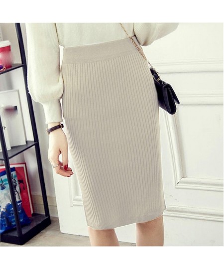 Vintage Women Skirt Elastic High Waist Pleated Midi knitted One-step Pencil Skirt Sweater Autumn Female Solid Elegant Skirts ...