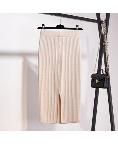 Vintage Women Skirt Elastic High Waist Pleated Midi knitted One-step Pencil Skirt Sweater Autumn Female Solid Elegant Skirts ...