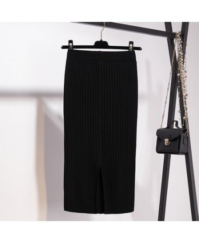 Vintage Women Skirt Elastic High Waist Pleated Midi knitted One-step Pencil Skirt Sweater Autumn Female Solid Elegant Skirts ...