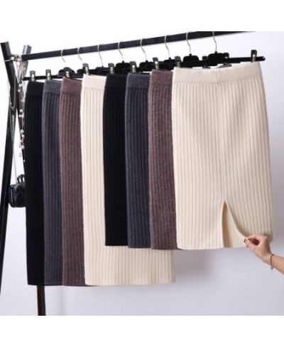 Vintage Women Skirt Elastic High Waist Pleated Midi knitted One-step Pencil Skirt Sweater Autumn Female Solid Elegant Skirts ...