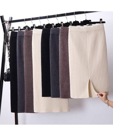 Vintage Women Skirt Elastic High Waist Pleated Midi knitted One-step Pencil Skirt Sweater Autumn Female Solid Elegant Skirts ...