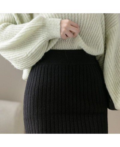 Vintage Women Skirt Elastic High Waist Pleated Midi knitted One-step Pencil Skirt Sweater Autumn Female Solid Elegant Skirts ...