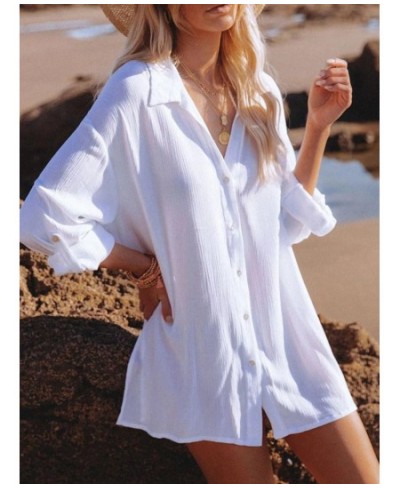 Women Swimsuit Cover Up Mandarin Sleeve Kaftan Beach Tunic Dress Robe De Plage Solid White Pareo Beach Cardigan Cover-Ups $42...