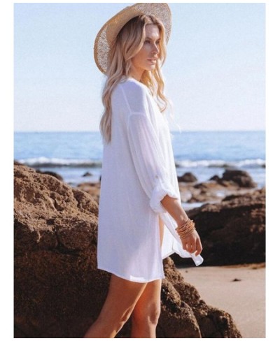 Women Swimsuit Cover Up Mandarin Sleeve Kaftan Beach Tunic Dress Robe De Plage Solid White Pareo Beach Cardigan Cover-Ups $42...