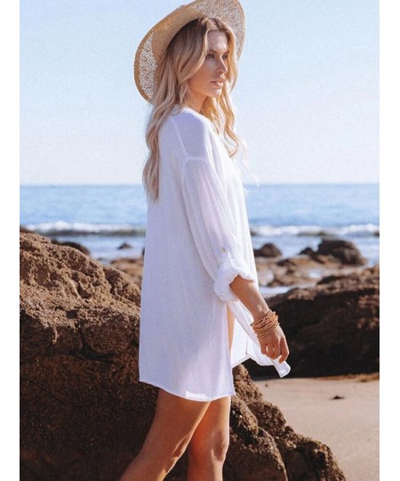 Women Swimsuit Cover Up Mandarin Sleeve Kaftan Beach Tunic Dress Robe De Plage Solid White Pareo Beach Cardigan Cover-Ups $42...