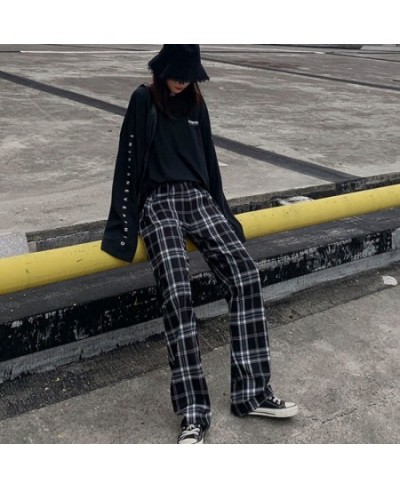 Women Casual Plaid Pants Loose Wide Leg Trousers Oversize Retro Teens Straight Trousers Hip-Hop Unisex Streetwear $24.58 - Pa...