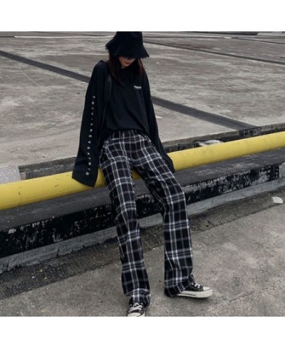 Women Casual Plaid Pants Loose Wide Leg Trousers Oversize Retro Teens Straight Trousers Hip-Hop Unisex Streetwear $24.58 - Pa...