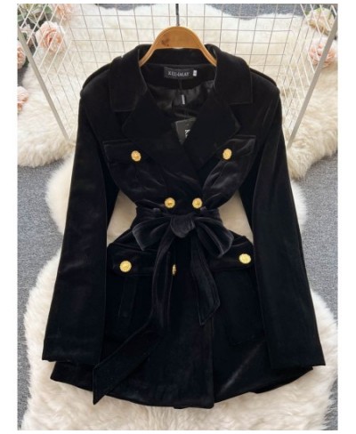 Blazer Coat Women Velvet Suit Jacket Winter Double Breasted Long Sleeve Ladies Black Blazer Belt Women Slim Suit Blazer Outwe...