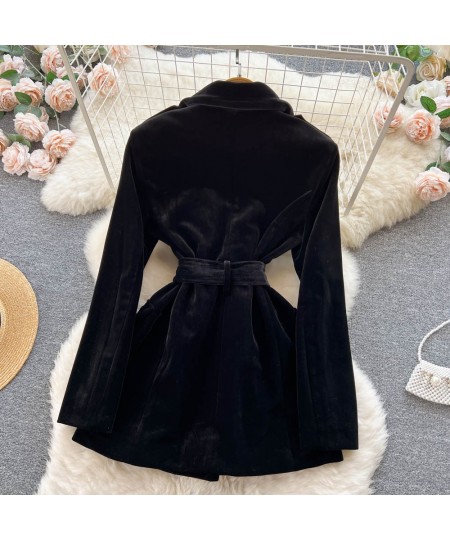 Blazer Coat Women Velvet Suit Jacket Winter Double Breasted Long Sleeve Ladies Black Blazer Belt Women Slim Suit Blazer Outwe...