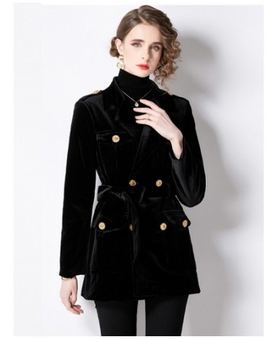 Blazer Coat Women Velvet Suit Jacket Winter Double Breasted Long Sleeve Ladies Black Blazer Belt Women Slim Suit Blazer Outwe...