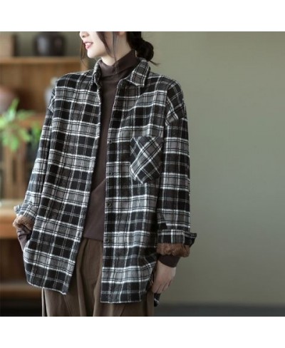 Autumn Winter Women's Vintage Long Sleeve Fleece Plaid Coats Fashion Pockets Female Warm Single-breasted Turn-down Collar Shi...