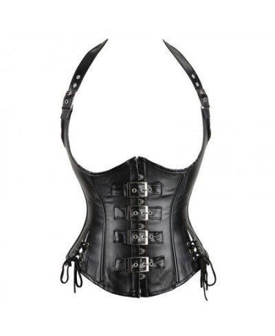 Plus Size Women's PU Leather Halter Shoulder Straps Underbust Corselet Top Vest Steampunk Corset Bustier Black Silver Coffee ...