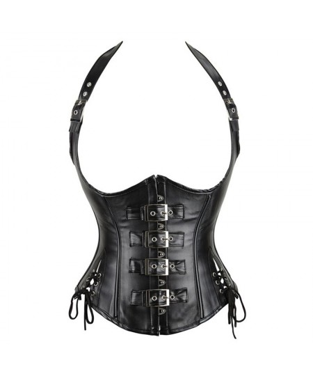 Plus Size Women's PU Leather Halter Shoulder Straps Underbust Corselet Top Vest Steampunk Corset Bustier Black Silver Coffee ...