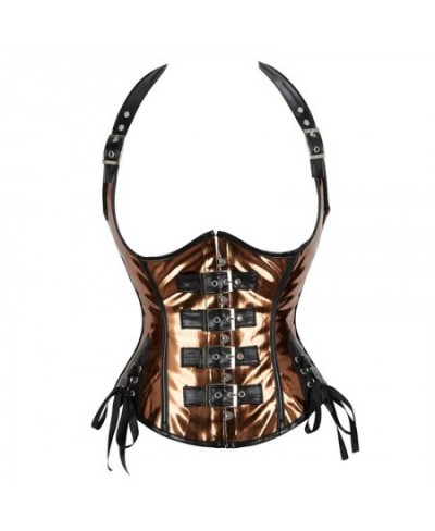 Plus Size Women's PU Leather Halter Shoulder Straps Underbust Corselet Top Vest Steampunk Corset Bustier Black Silver Coffee ...