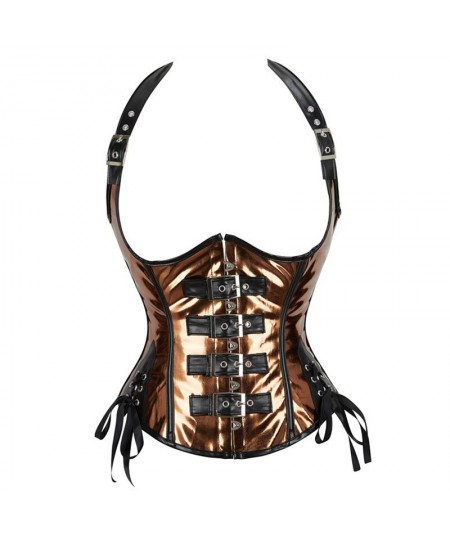 Plus Size Women's PU Leather Halter Shoulder Straps Underbust Corselet Top Vest Steampunk Corset Bustier Black Silver Coffee ...