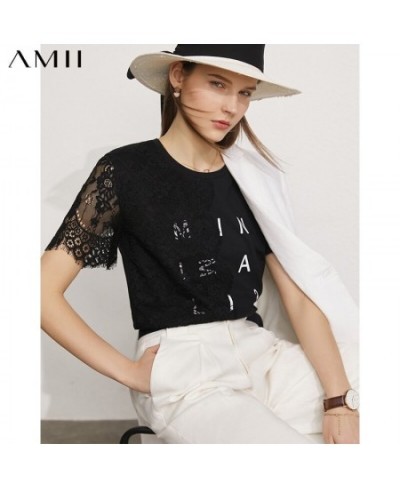 Minimalism Summer New Women's Tshirt Fashion Cotton Oneck Lace Patchwork Tshirt Offical Lady Women Tshirt Tops 12170149 $46.4...