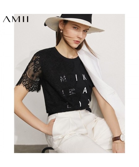 Minimalism Summer New Women's Tshirt Fashion Cotton Oneck Lace Patchwork Tshirt Offical Lady Women Tshirt Tops 12170149 $46.4...