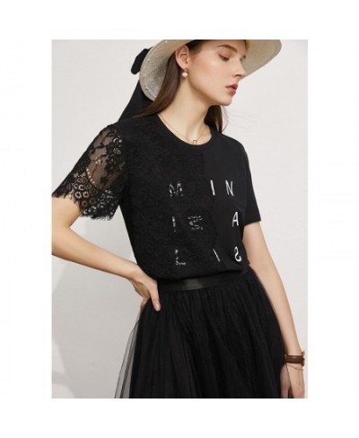 Minimalism Summer New Women's Tshirt Fashion Cotton Oneck Lace Patchwork Tshirt Offical Lady Women Tshirt Tops 12170149 $46.4...