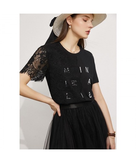 Minimalism Summer New Women's Tshirt Fashion Cotton Oneck Lace Patchwork Tshirt Offical Lady Women Tshirt Tops 12170149 $46.4...