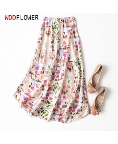 Women 93% Mulberry Silk 7% Spandex 19 momme Thick Light Pink Abstract Graffiti Printed Long Midi Skirt MM526 $86.91 - Skirts