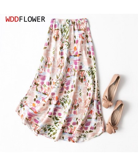 Women 93% Mulberry Silk 7% Spandex 19 momme Thick Light Pink Abstract Graffiti Printed Long Midi Skirt MM526 $86.91 - Skirts