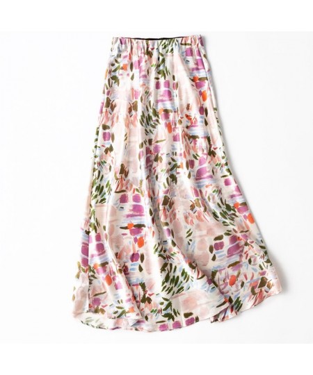 Women 93% Mulberry Silk 7% Spandex 19 momme Thick Light Pink Abstract Graffiti Printed Long Midi Skirt MM526 $86.91 - Skirts