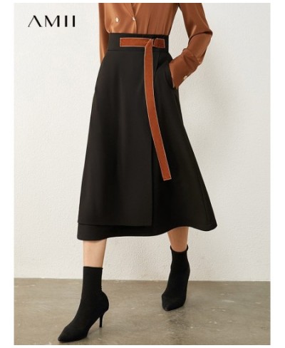 Minimalism Autumn Fashion Solid Belt Women Skirt Causal High Waist Aline Irregular Hem Female Skirt 12040091 $62.44 - Skirts