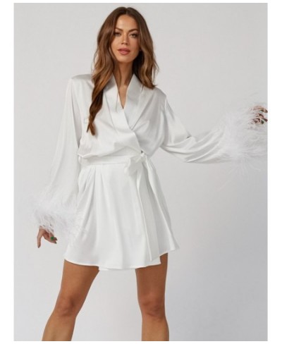 Feathers Bathrobe Female Loose Long Sleeve Sleepwear Sashes White Robes For Women Summer Casual Women Clothing Patchwork $44....