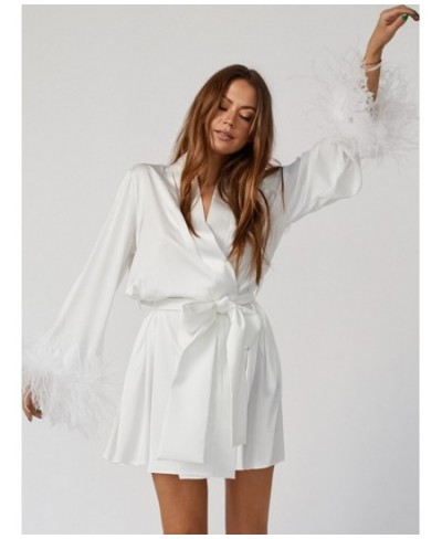 Feathers Bathrobe Female Loose Long Sleeve Sleepwear Sashes White Robes For Women Summer Casual Women Clothing Patchwork $44....